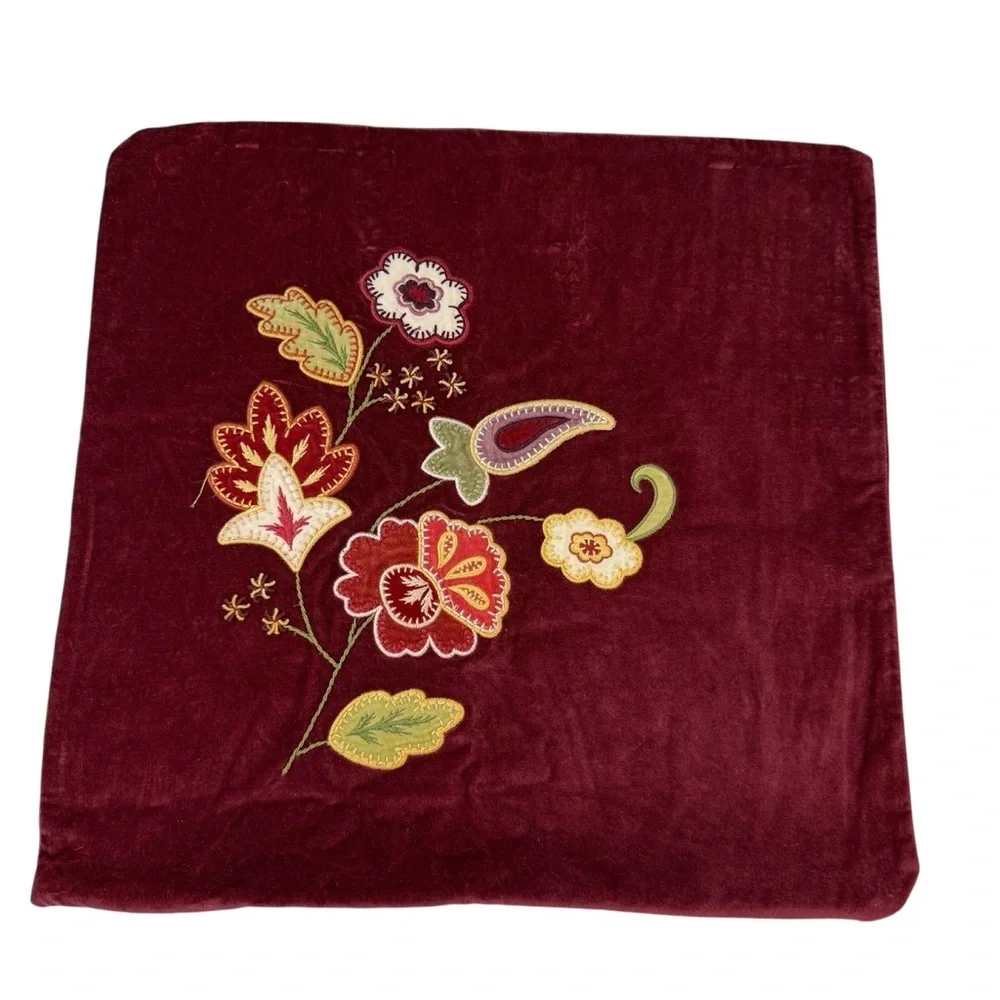 Pottery Barn Embroidered Fall Pillow Cover Velvet Floral 18x18 CottageCore Red